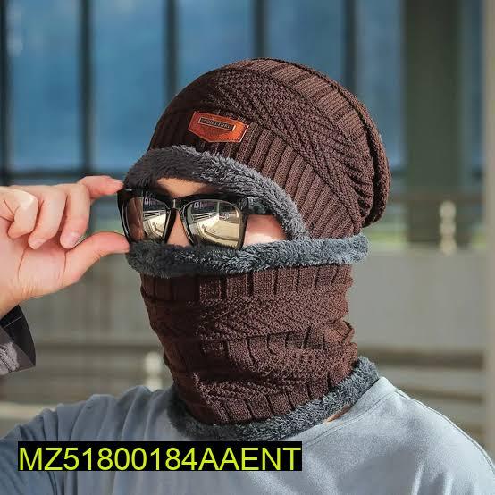 Unisex Woolen Cap With Neck Warmer, Brown Unisex Woolen Cap With Neck Warmer, Brown